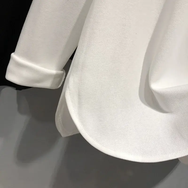 WhiteBase Layer Top Women's Autumn/Winter Inner Medium-Length Loose Fit Side Slit Thickened Long Sleeve T-Shirt Crew Neck Decora