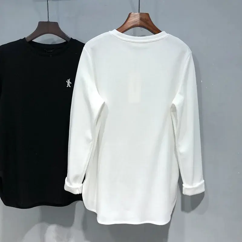 WhiteBase Layer Top Women's Autumn/Winter Inner Medium-Length Loose Fit Side Slit Thickened Long Sleeve T-Shirt Crew Neck Decora
