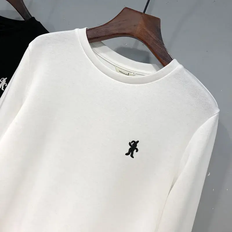 WhiteBase Layer Top Women's Autumn/Winter Inner Medium-Length Loose Fit Side Slit Thickened Long Sleeve T-Shirt Crew Neck Decora