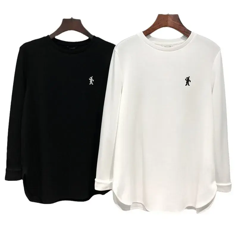 WhiteBase Layer Top Women's Autumn/Winter Inner Medium-Length Loose Fit Side Slit Thickened Long Sleeve T-Shirt Crew Neck Decora