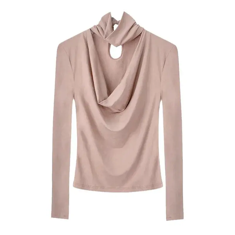 Women's Long Sleeve T-Shirt V-Neck Drape Fold Design Slim Fit Inner Wear Top Fashionable Base Shirt Autumn Winter Style