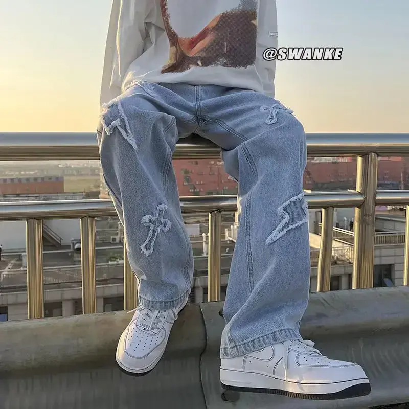 American Style Streetwear Men's Loose-fit Straight-leg Black Denim Jeans Spring Season Student Trousers High Street Vibe