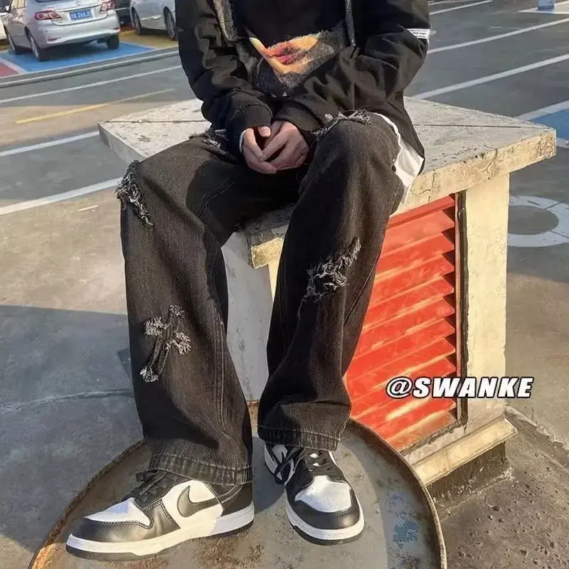 American Style Streetwear Men's Loose-fit Straight-leg Black Denim Jeans Spring Season Student Trousers High Street Vibe