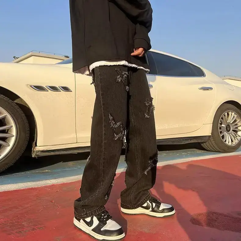 American Style Streetwear Men's Loose-fit Straight-leg Black Denim Jeans Spring Season Student Trousers High Street Vibe