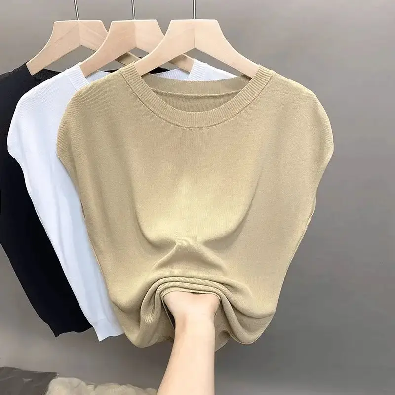 Ice Silk Knitted Summer Thin Short Sleeve Crew Neck T-Shirt Women's Slim Fit round Neck Top Shoulder Drop Style Pure Color