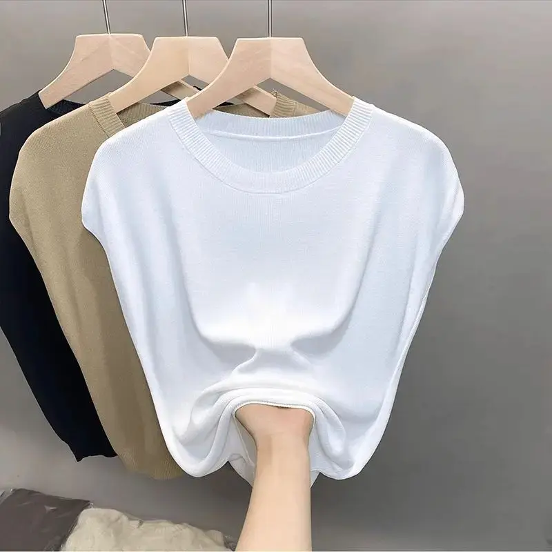 Ice Silk Knitted Summer Thin Short Sleeve Crew Neck T-Shirt Women's Slim Fit round Neck Top Shoulder Drop Style Pure Color