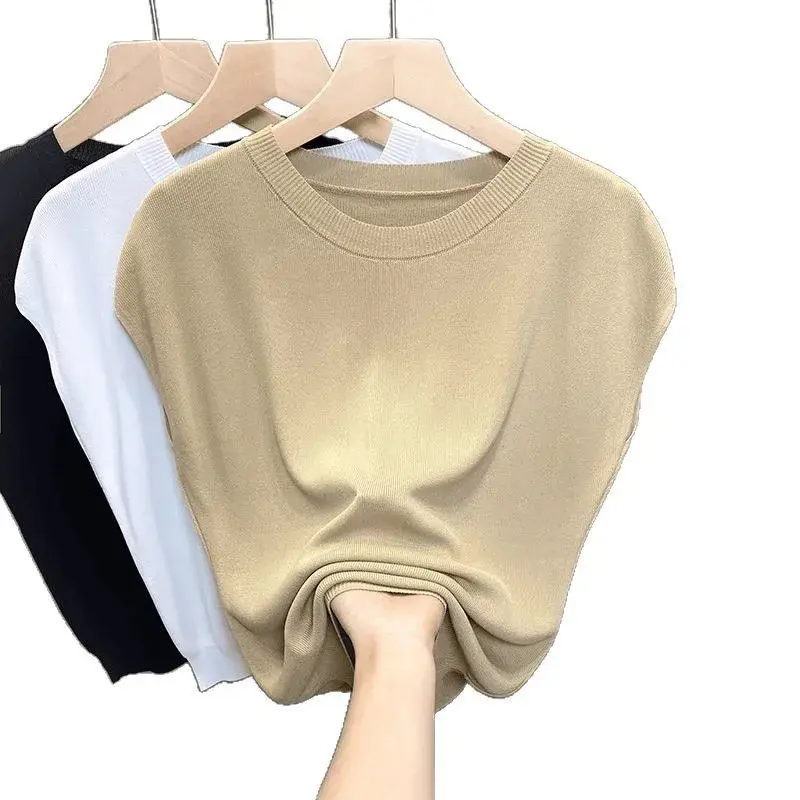 Ice Silk Knitted Summer Thin Short Sleeve Crew Neck T-Shirt Women's Slim Fit round Neck Top Shoulder Drop Style Pure Color