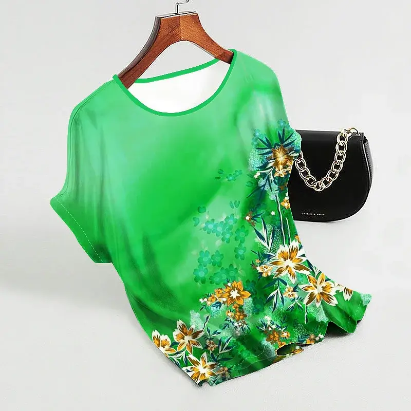 Loose Ice Silk Big Size Women's T-shirt Summer New Style Printed Base Shirt Belly Covering Top Polyester Blend Fabric