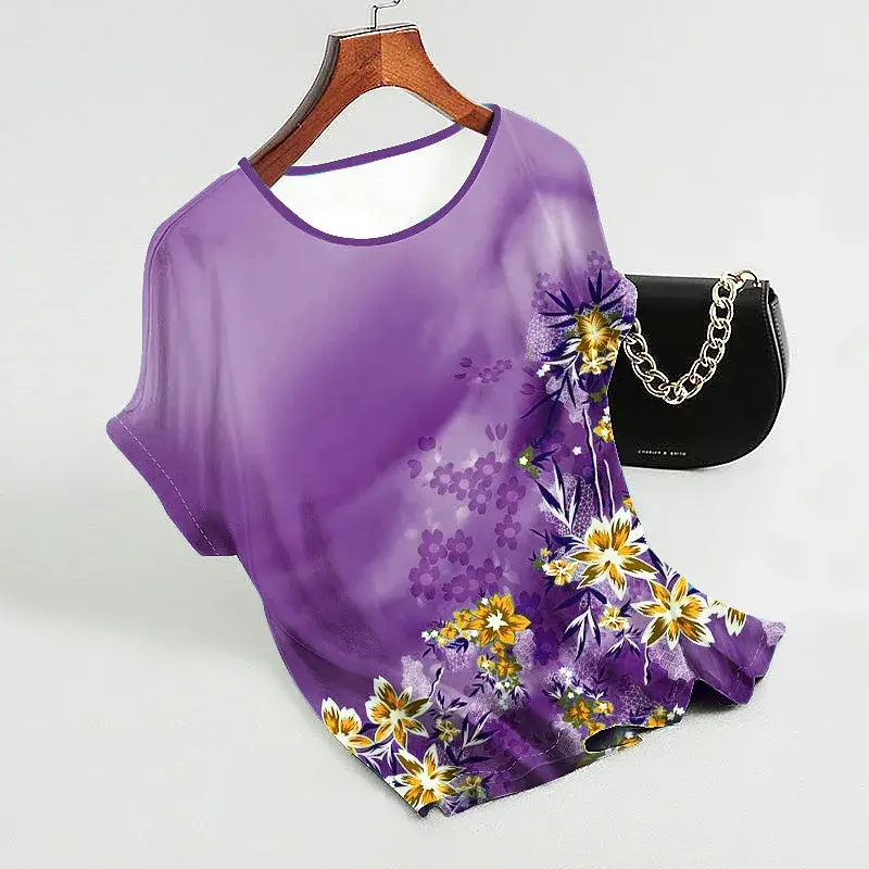 Loose Ice Silk Big Size Women's T-shirt Summer New Style Printed Base Shirt Belly Covering Top Polyester Blend Fabric