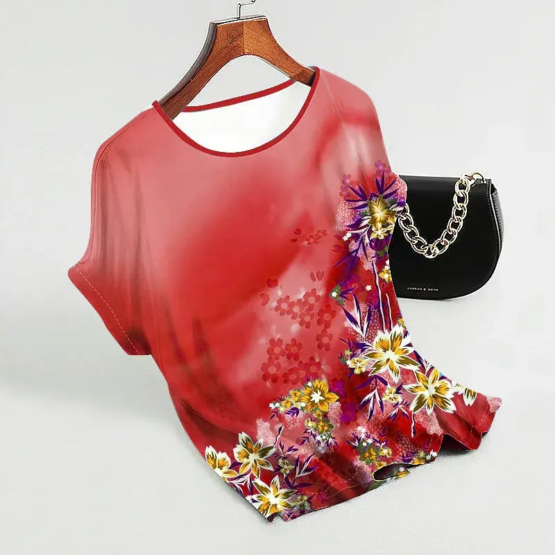 Loose Ice Silk Big Size Women's T-shirt Summer New Style Printed Base Shirt Belly Covering Top Polyester Blend Fabric