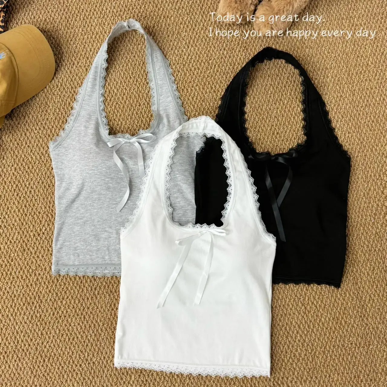 BM Style White Floral Edge Bow Base Tank Vest Women's New Spicy Girl Styles Slimming Smooths Your Silhouette Inner Top Cotton Ma