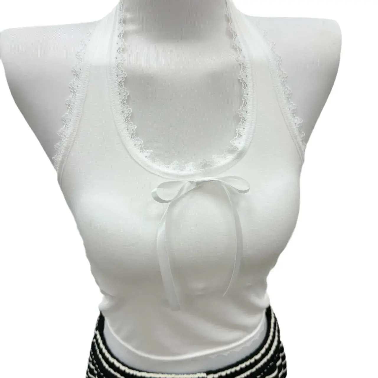BM Style White Floral Edge Bow Base Tank Vest Women's New Spicy Girl Styles Slimming Smooths Your Silhouette Inner Top Cotton Ma