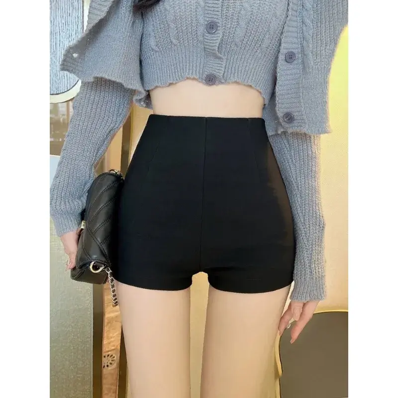 High Waist Slim Fit Shorts Pure Color Elastic Casual Pants Black Versatile Hot Sale Of The Season Trendy Sexy Autumn Women's But