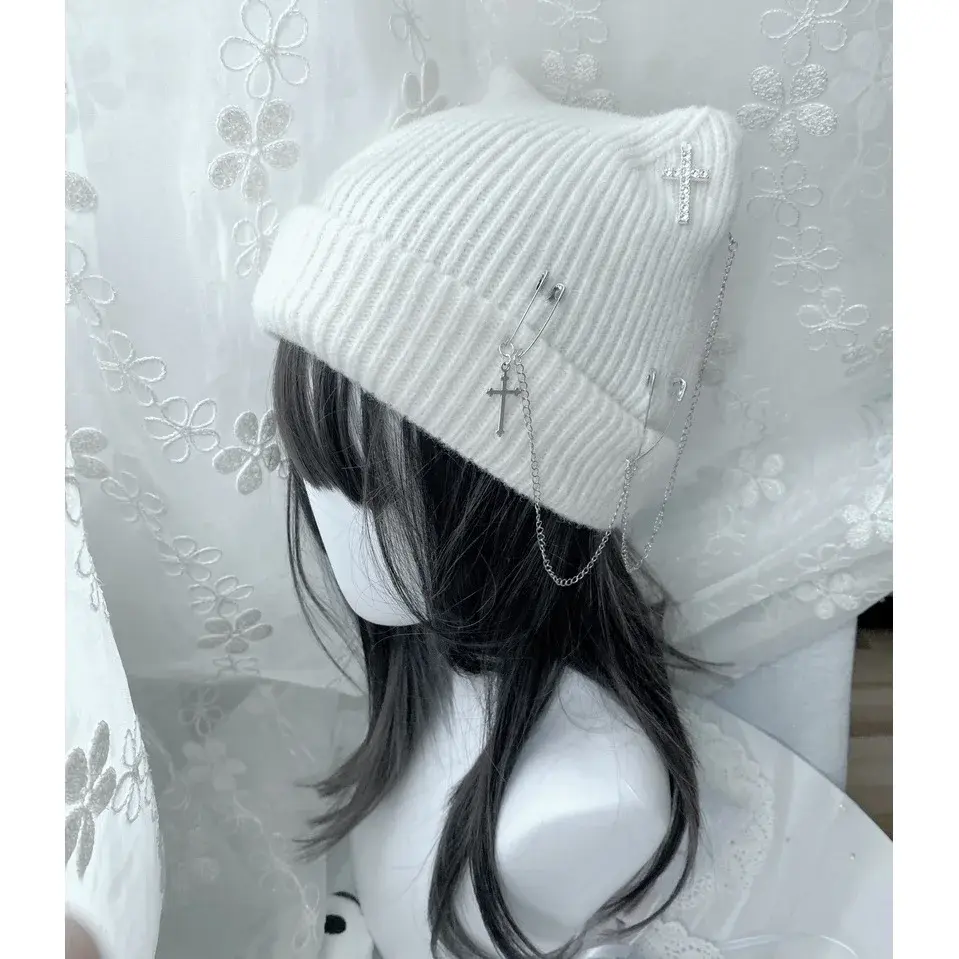 Punk Style Knitted Cross Chain Cat Ear Hat Original Harajuku Culture Subculture Yarn Material Fashionable Trendy Cap