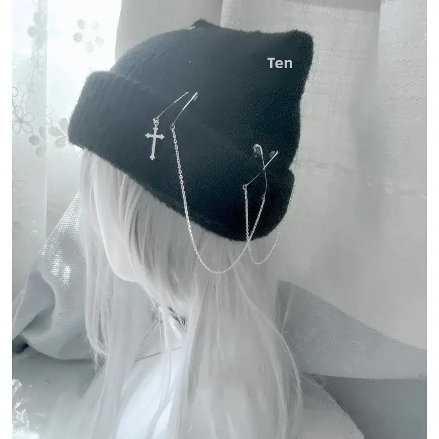 Punk Style Knitted Cross Chain Cat Ear Hat Original Harajuku Culture Subculture Yarn Material Fashionable Trendy Cap