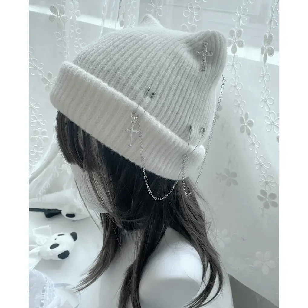 Punk Style Knitted Cross Chain Cat Ear Hat Original Harajuku Culture Subculture Yarn Material Fashionable Trendy Cap