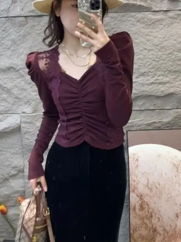 2024 New Square Collar Lace Splicing Base Layer Top Women's Spring Autumn High-End Feel Puff Sleeve Inner Cropped T-Shirt Top
