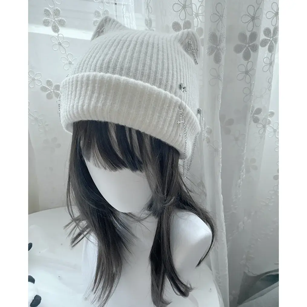 Punk Style Knitted Cross Chain Cat Ear Hat Original Harajuku Culture Subculture Yarn Material Fashionable Trendy Cap