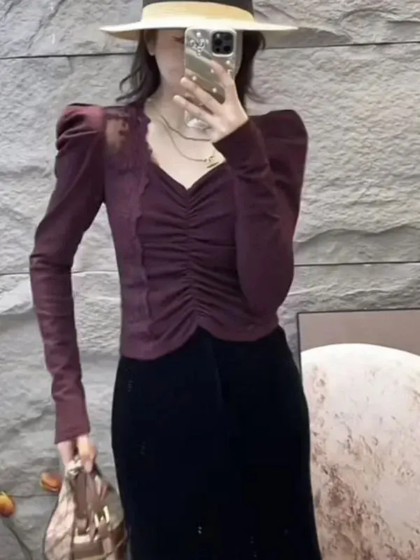 2024 New Square Collar Lace Splicing Base Layer Top Women's Spring Autumn High-End Feel Puff Sleeve Inner Cropped T-Shirt Top