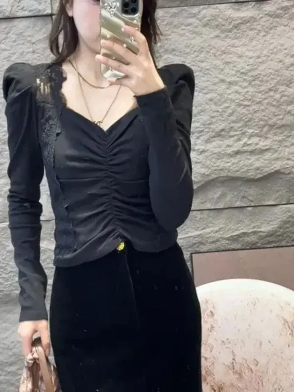 2024 New Square Collar Lace Splicing Base Layer Top Women's Spring Autumn High-End Feel Puff Sleeve Inner Cropped T-Shirt Top