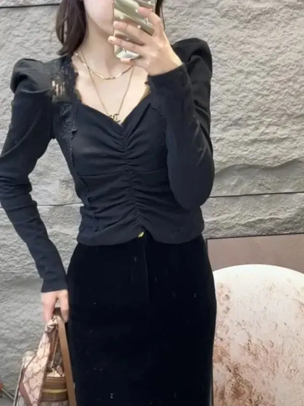2024 New Square Collar Lace Splicing Base Layer Top Women's Spring Autumn High-End Feel Puff Sleeve Inner Cropped T-Shirt Top