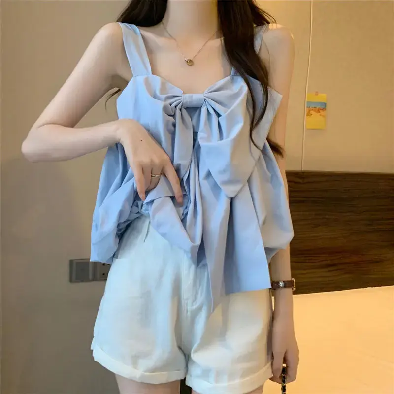 French Sweet Butterfly Knot Loose Mini Strap Vest Women's Summer Unique Design Sensation Outerwear Short Top Polyester Fiber