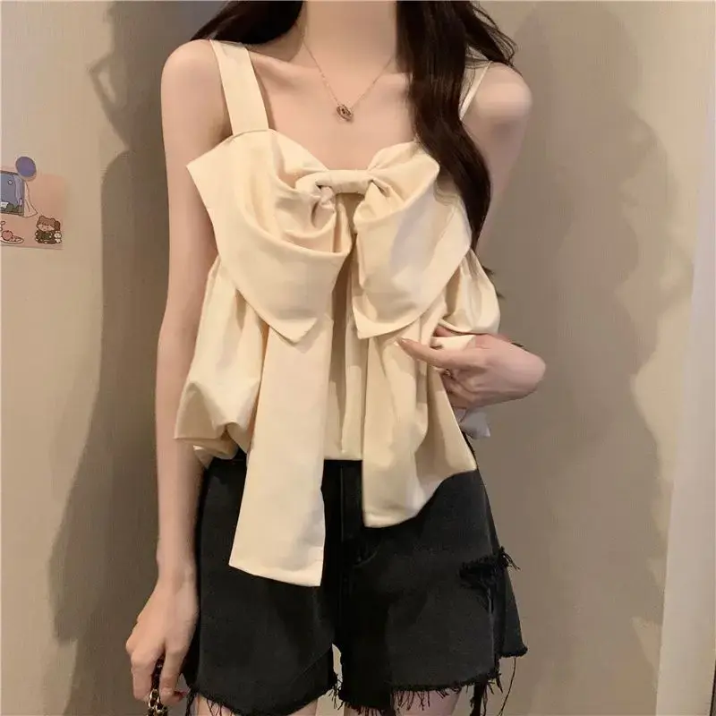 French Sweet Butterfly Knot Loose Mini Strap Vest Women's Summer Unique Design Sensation Outerwear Short Top Polyester Fiber