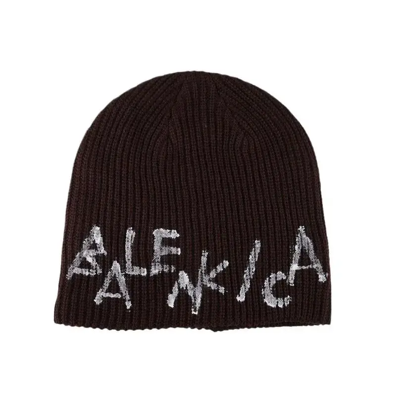 American Retro Letter Knitted Beanie Hat Women's Autumn Winter Warm Overhead Scarf Small Face Effect Yarn Wrapped Cold Hat