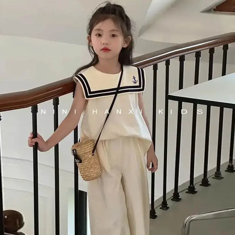 Girls Casual Summer Korean Style Children's Stylish Navy Collar Sleeveless Top Bell Bottoms 2-piece Set