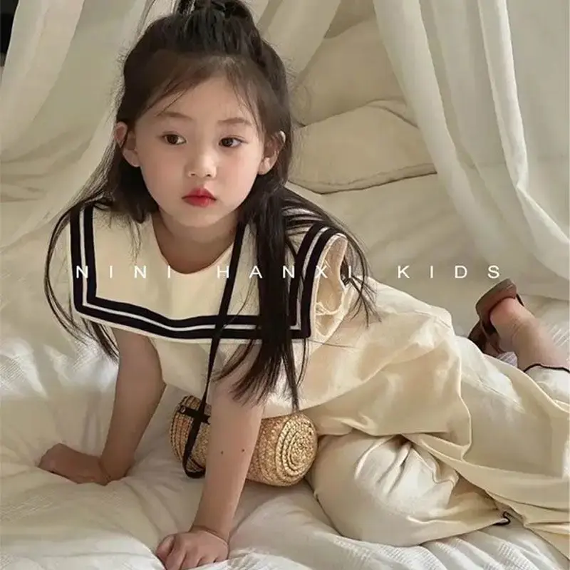 Girls Casual Summer Korean Style Children's Stylish Navy Collar Sleeveless Top Bell Bottoms 2-piece Set
