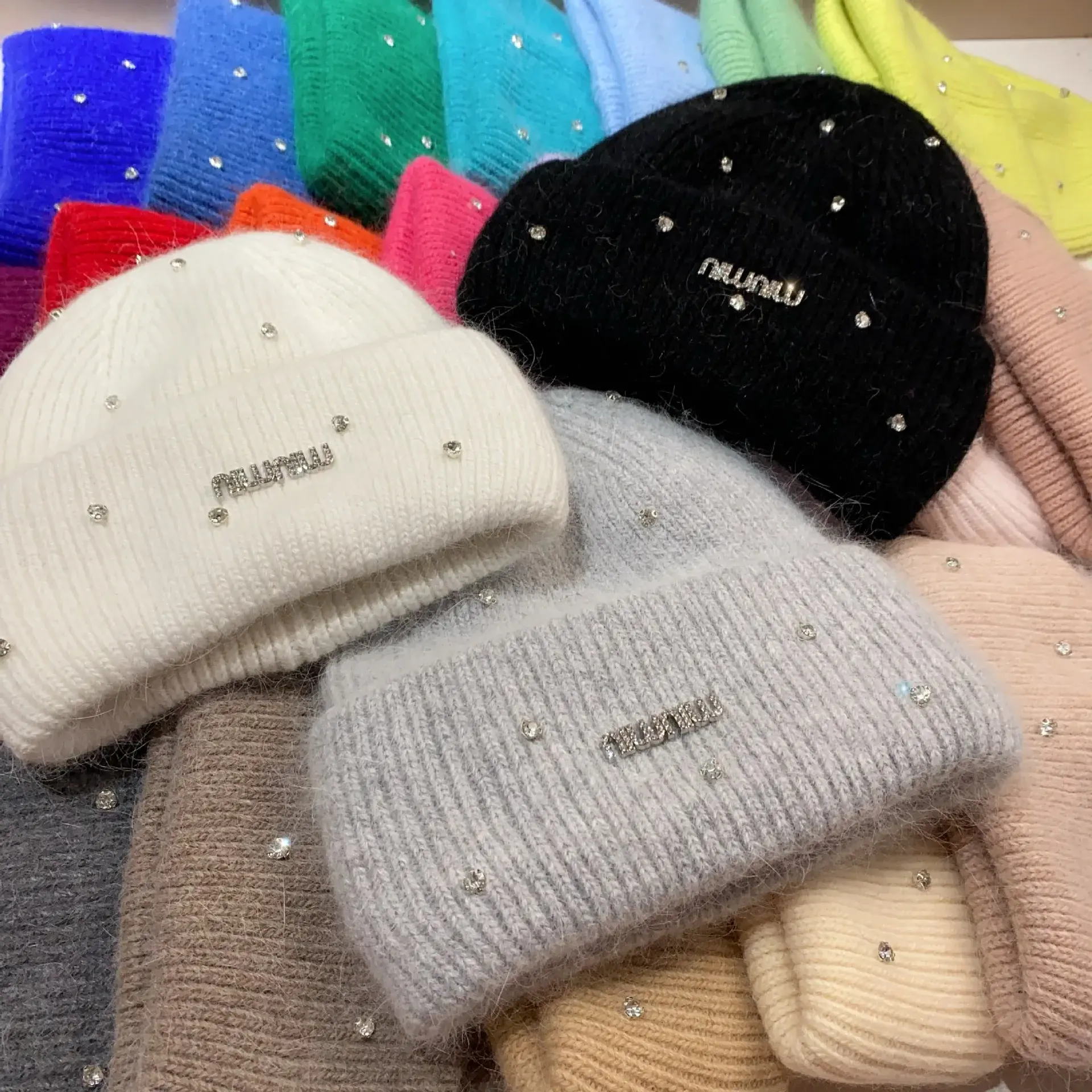 Winter Luxury Water Diamond Niche Rabbit Fur Knit Cap Korean Style Fashionable Sweet Fur Warm Ear Protective Cap For Motorcycles
