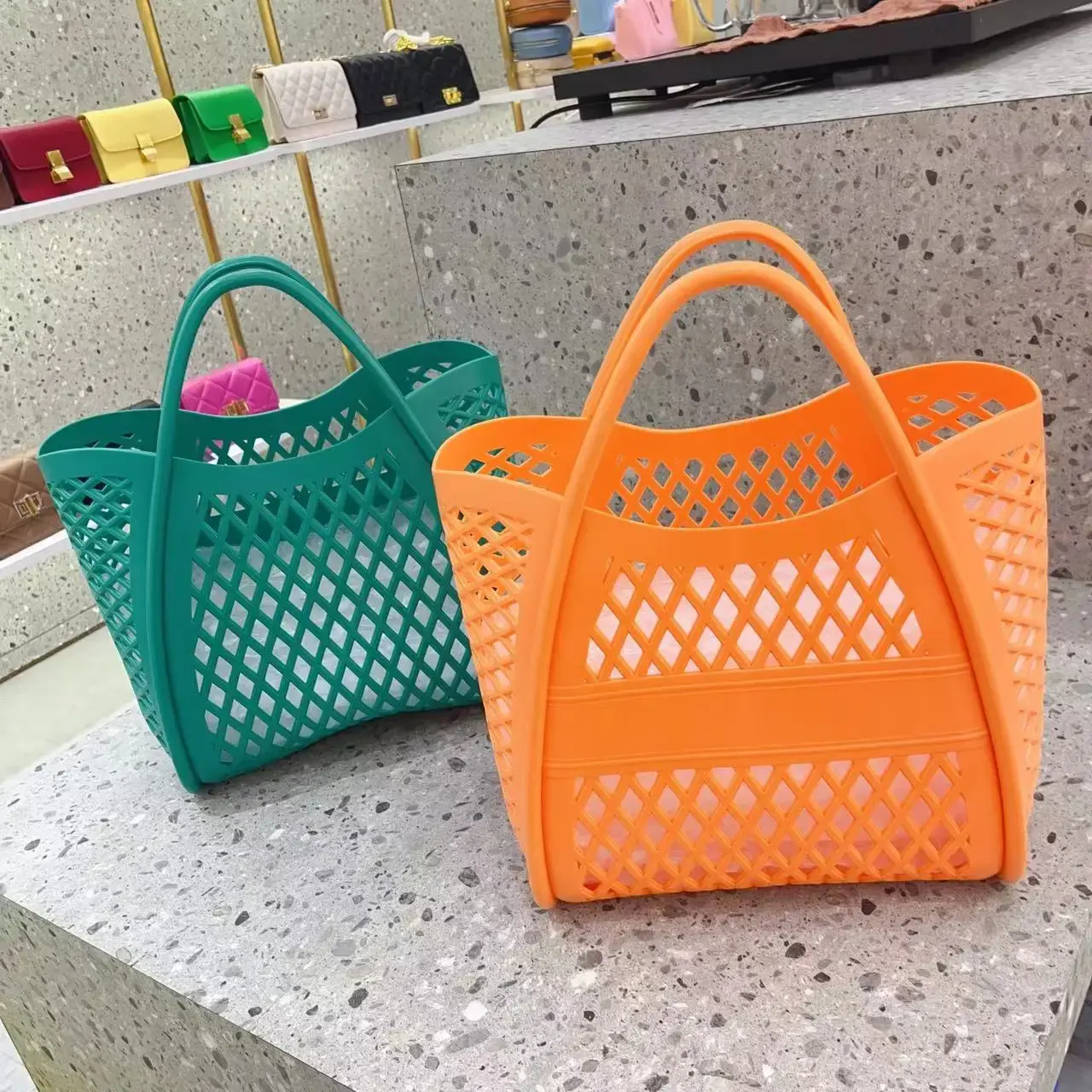 Silicone Hollow Out Handbag Basket PVC Beach Bag Shower Basket Picnic Storage Bag Motorcycle Equipment Accessories