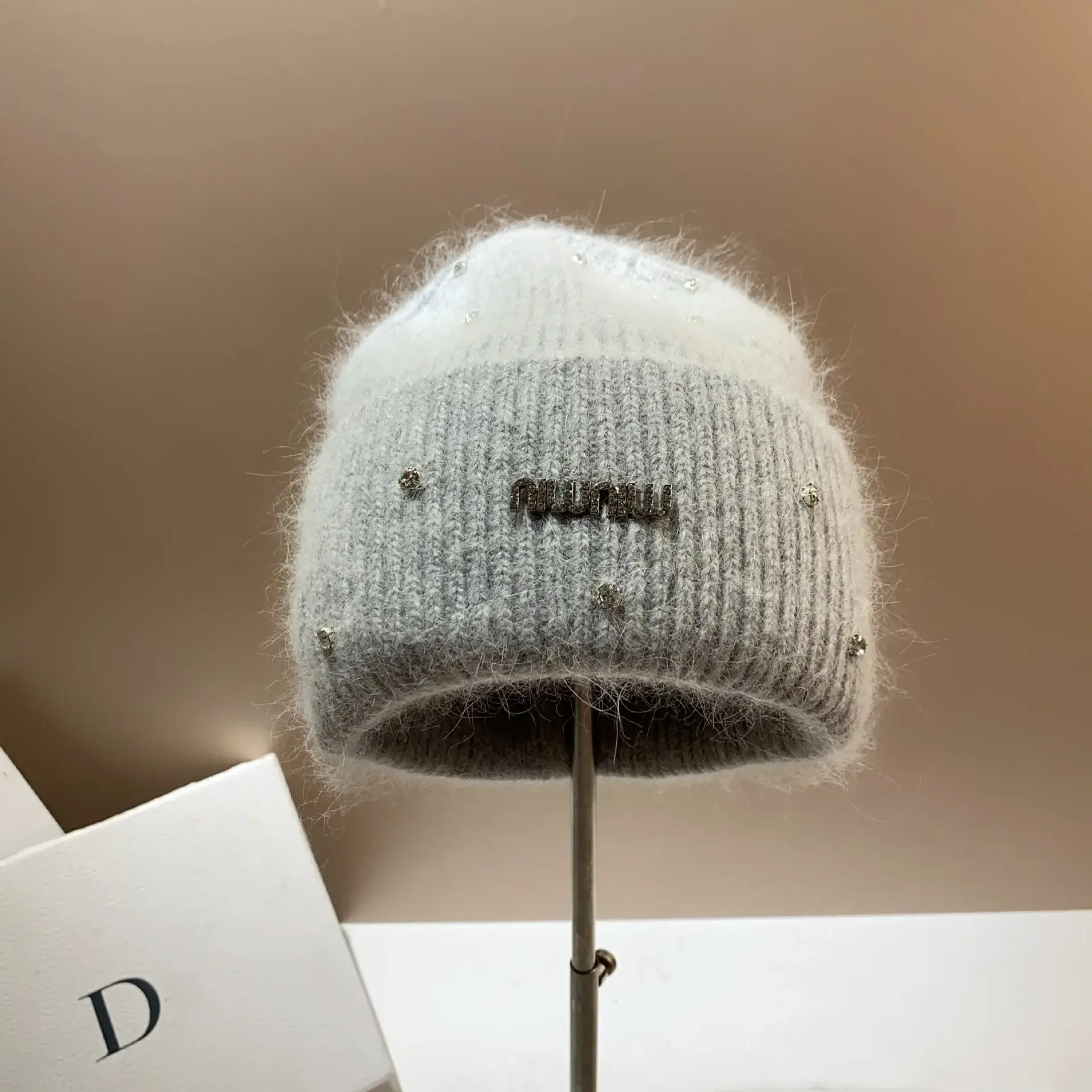 Winter Luxury Water Diamond Niche Rabbit Fur Knit Cap Korean Style Fashionable Sweet Fur Warm Ear Protective Cap For Motorcycles