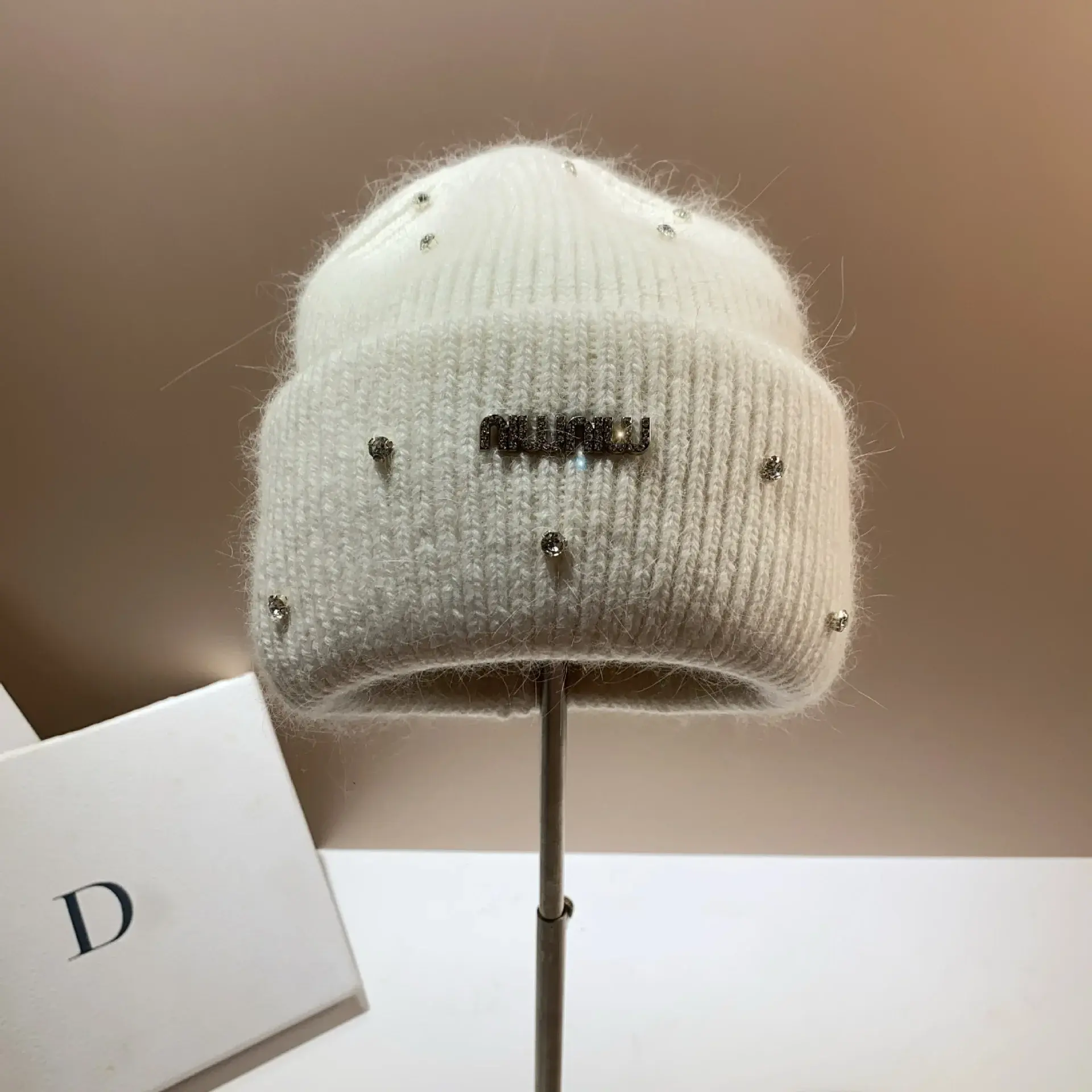 Winter Luxury Water Diamond Niche Rabbit Fur Knit Cap Korean Style Fashionable Sweet Fur Warm Ear Protective Cap For Motorcycles