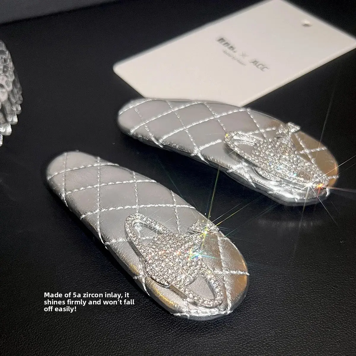 Saturn Silver Leather Diamond Grid Hair Clips Women's High-End Side Clips Professional Salon Partition Fixed Hair Clips