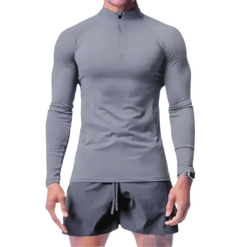 New Arrival Autumn/Winter Men's Sports Fitness Quick Dry Polo/Turtle Neck Slim Fit Half Zip Long Sleeve T-Shirt For Running Base
