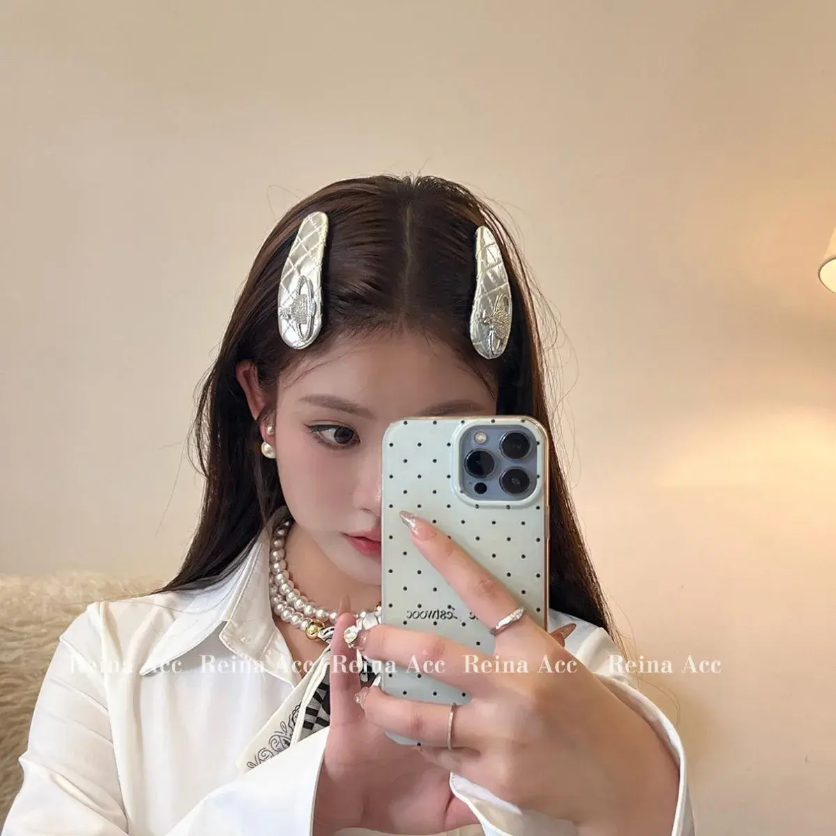 Saturn Silver Leather Diamond Grid Hair Clips Women's High-End Side Clips Professional Salon Partition Fixed Hair Clips