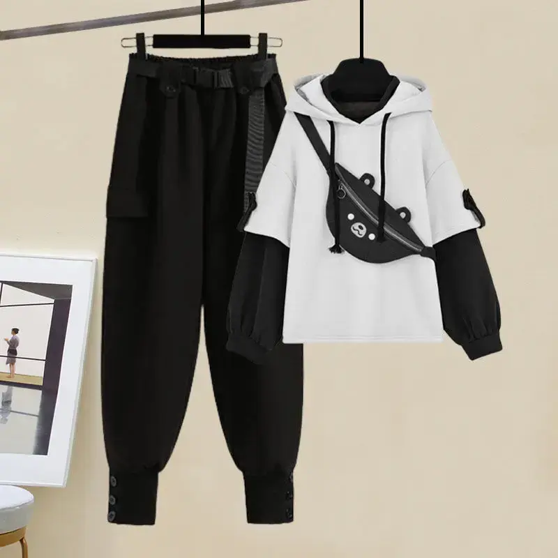 Plus Size Women's Fashionable Sweatshirt Waist-Fitted Slimming Bell Bottoms 2-Piece Set Autumn 2024 New Style Korean Version