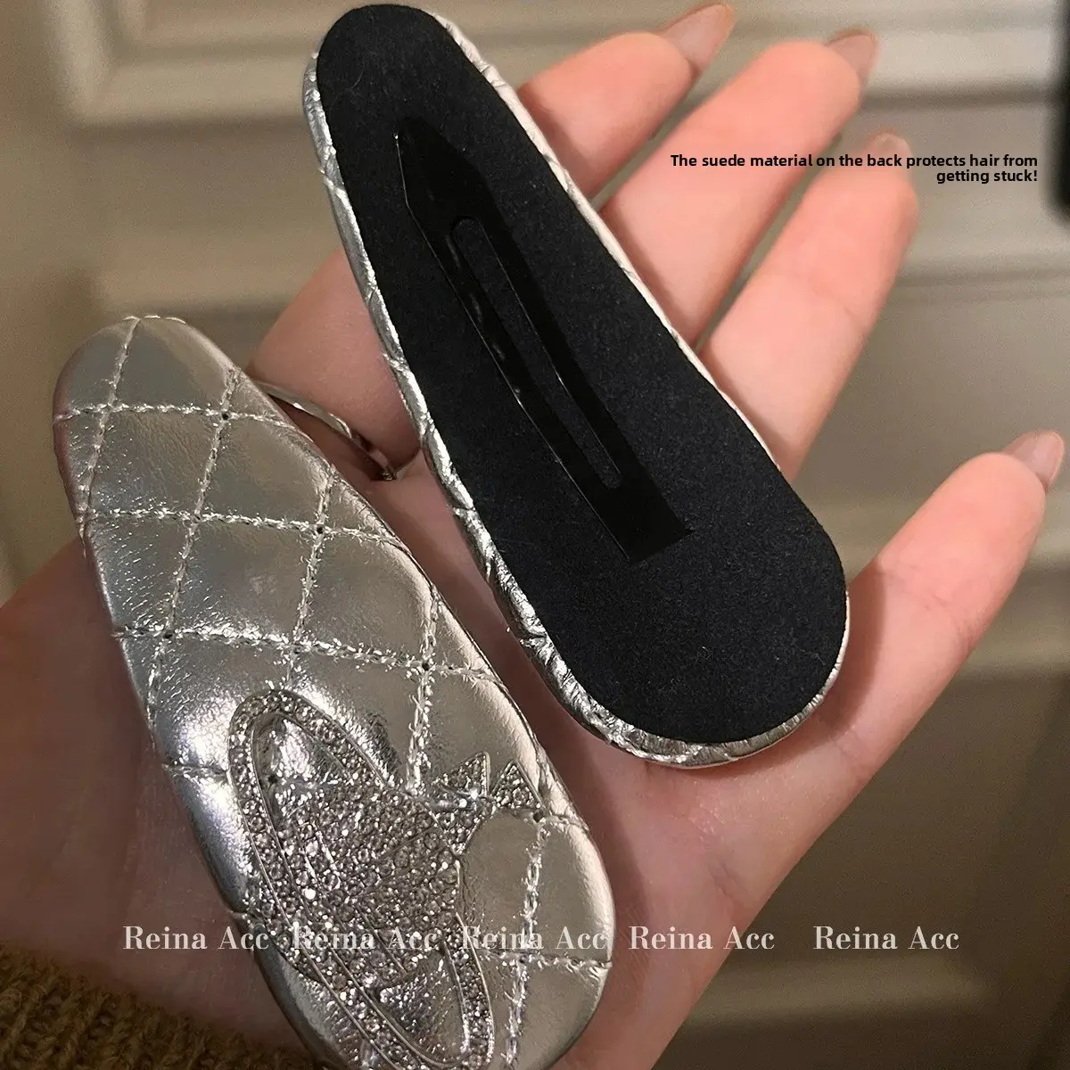 Saturn Silver Leather Diamond Grid Hair Clips Women's High-End Side Clips Professional Salon Partition Fixed Hair Clips