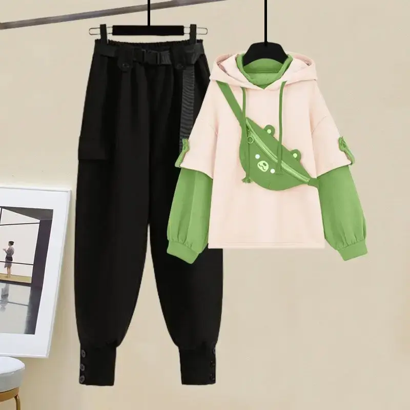 Plus Size Women's Fashionable Sweatshirt Waist-Fitted Slimming Bell Bottoms 2-Piece Set Autumn 2024 New Style Korean Version