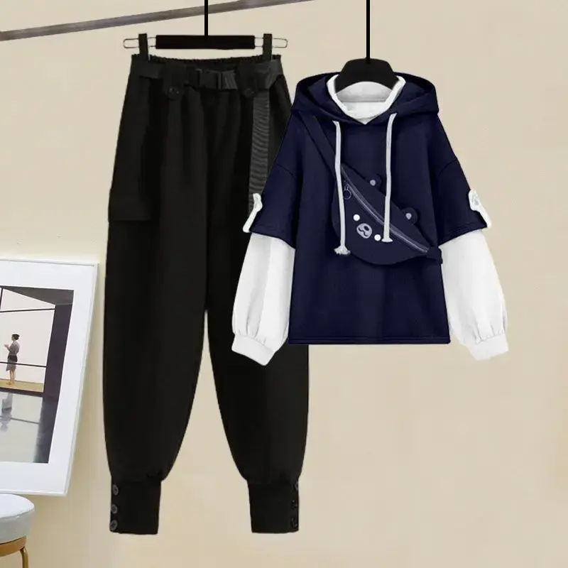 Plus Size Women's Fashionable Sweatshirt Waist-Fitted Slimming Bell Bottoms 2-Piece Set Autumn 2024 New Style Korean Version
