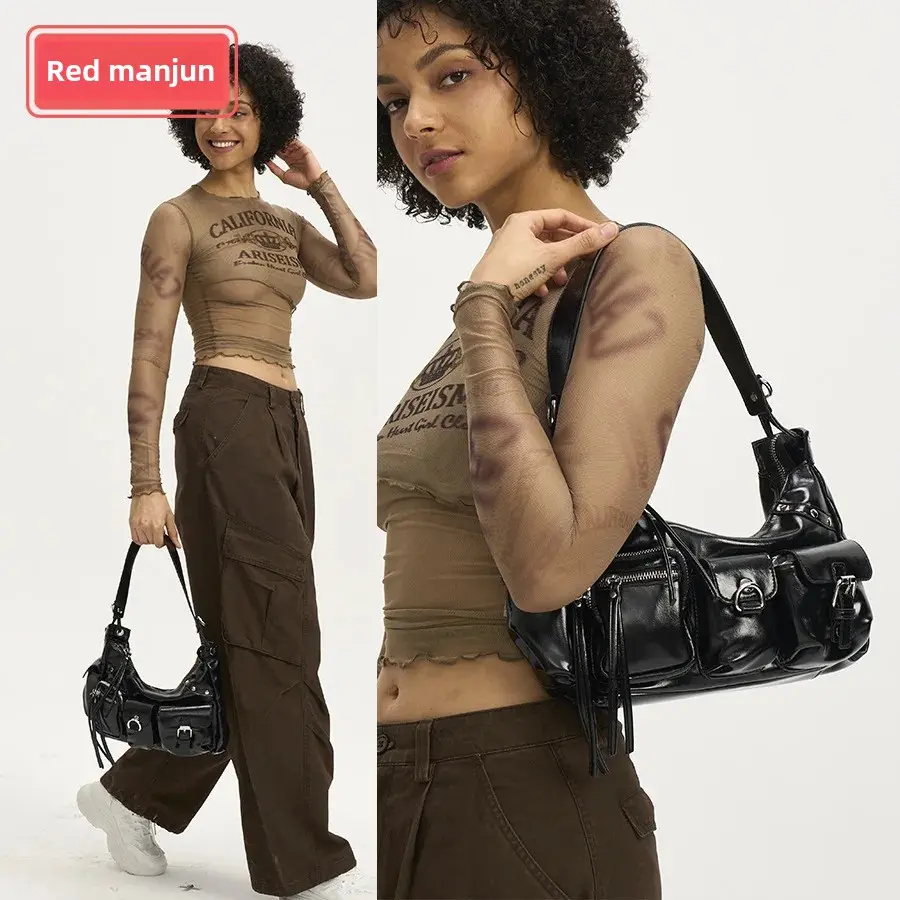Large Capacity Multi-Pocket Motorcycle Bag Women's Niche Design PU Leather Single Shoulder Slant Cross Bag Y2K Spicy Girl Sculpt