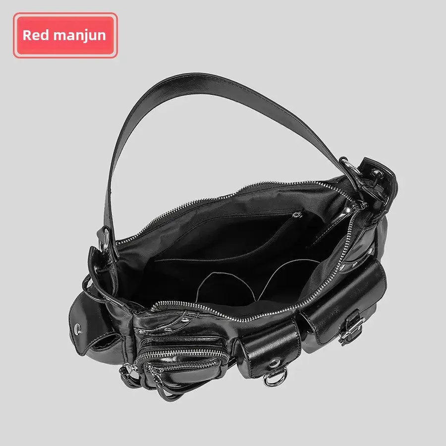 Large Capacity Multi-Pocket Motorcycle Bag Women's Niche Design PU Leather Single Shoulder Slant Cross Bag Y2K Spicy Girl Sculpt