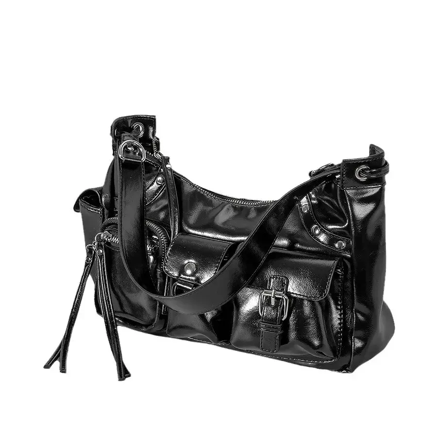 Large Capacity Multi-Pocket Motorcycle Bag Women's Niche Design PU Leather Single Shoulder Slant Cross Bag Y2K Spicy Girl Sculpt
