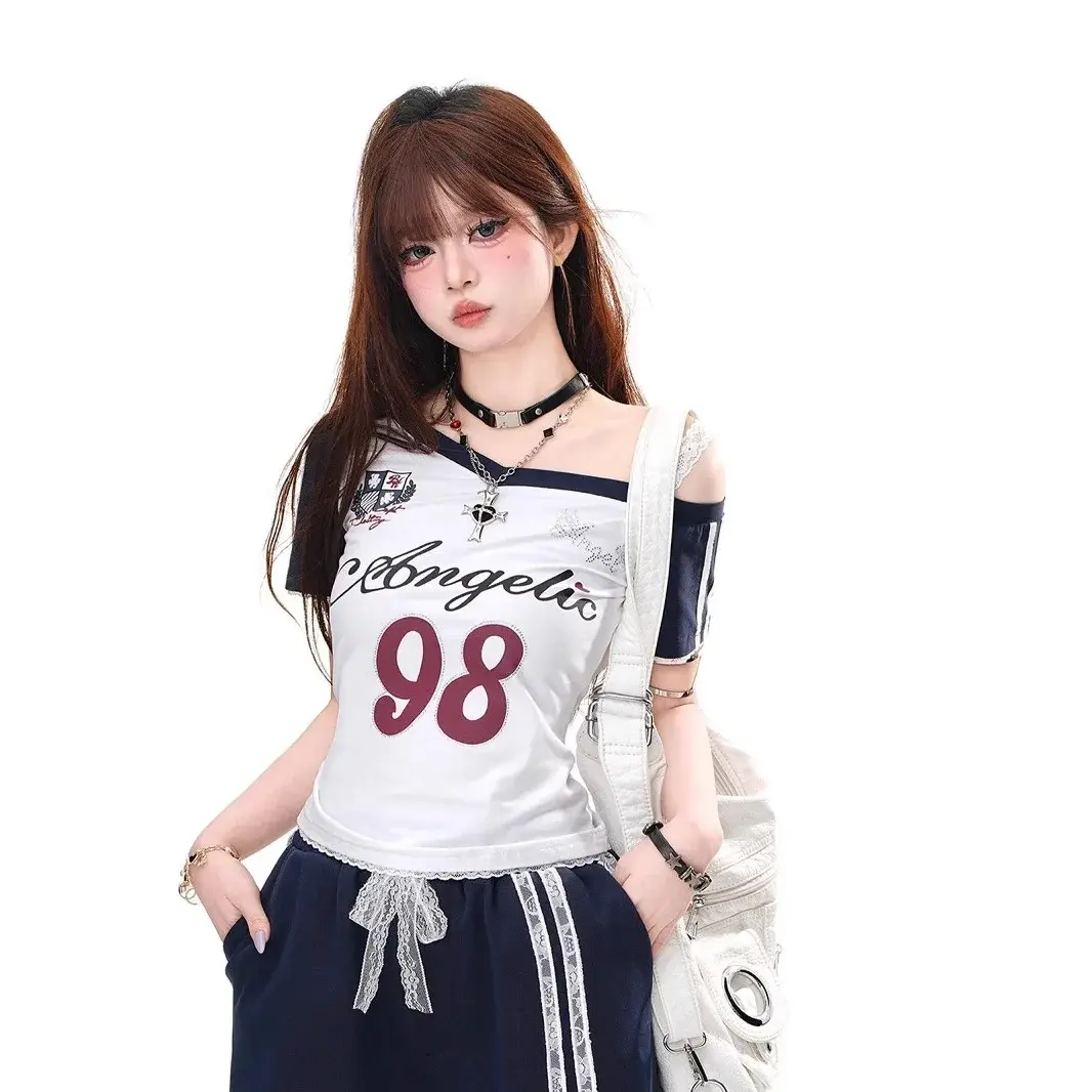 American Style Spicy Girl Retro Shoulder Collision Color Short Sleeve Shoulder T-Shirt Women Summer Hot Pure Desire Slimming Top