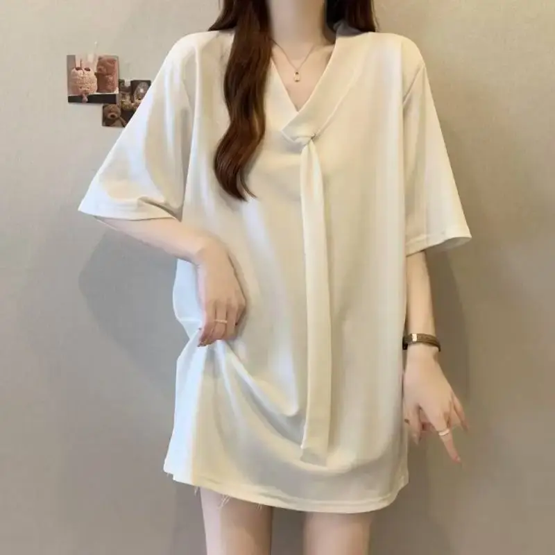 Plus Size Women's T-Shirt with Sash Short Sleeve V-Neck Mid-Length Spring Fashion European Style plus Size Clothing Top