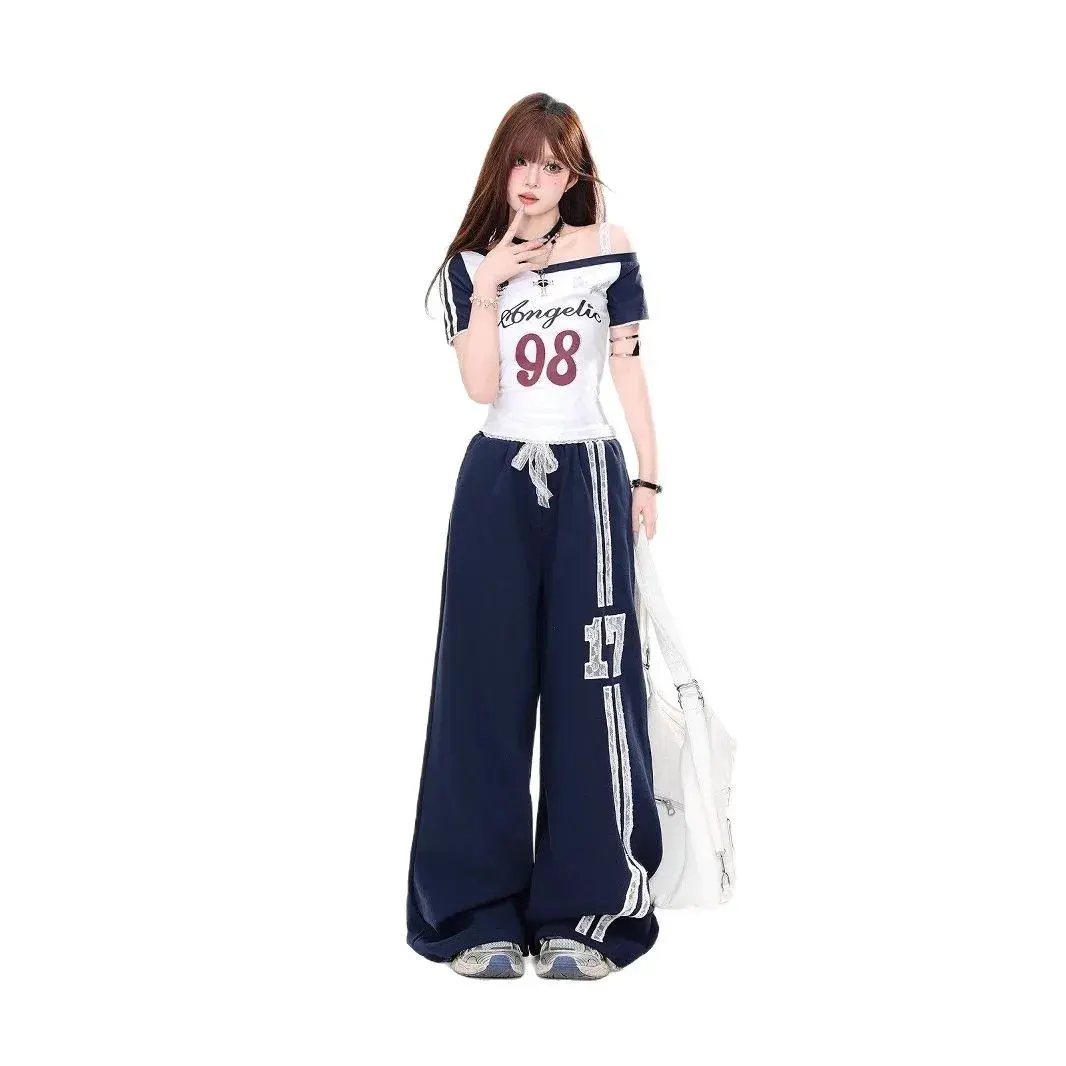 American Style Spicy Girl Retro Shoulder Collision Color Short Sleeve Shoulder T-Shirt Women Summer Hot Pure Desire Slimming Top