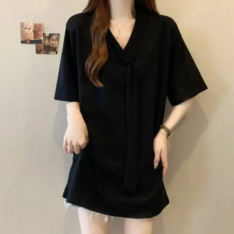 Plus Size Women's T-Shirt with Sash Short Sleeve V-Neck Mid-Length Spring Fashion European Style plus Size Clothing Top