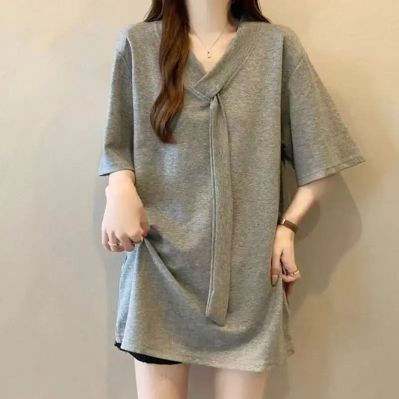 Plus Size Women's T-Shirt with Sash Short Sleeve V-Neck Mid-Length Spring Fashion European Style plus Size Clothing Top