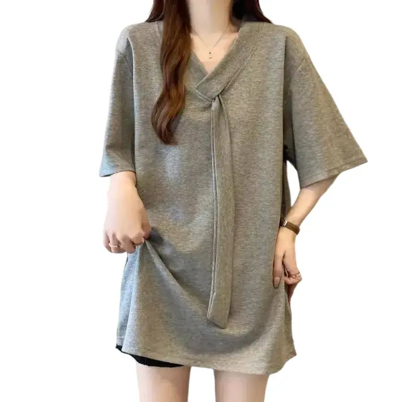 Plus Size Women's T-Shirt with Sash Short Sleeve V-Neck Mid-Length Spring Fashion European Style plus Size Clothing Top